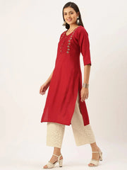 Women's Red Solid Straight Kurta-DF-1198-Maroon