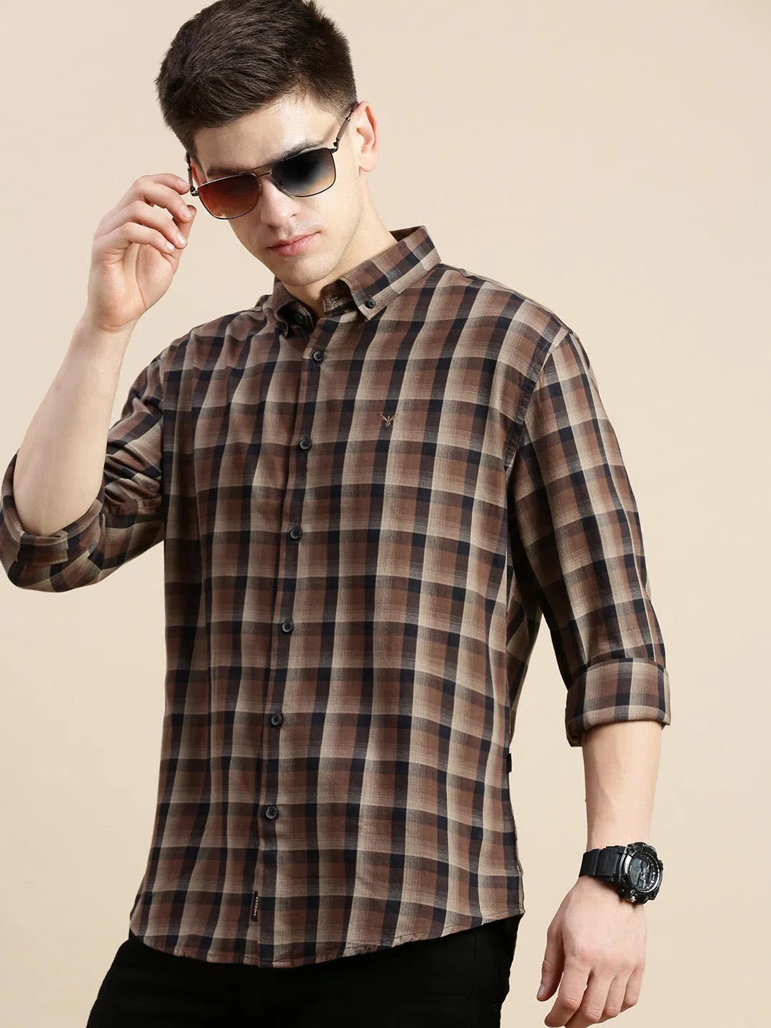 Men Brown Checked Casual Shirt-GROVER-1108-Brown