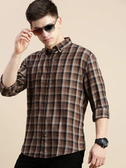 Men Brown Checked Casual Shirt-GROVER-1108-Brown