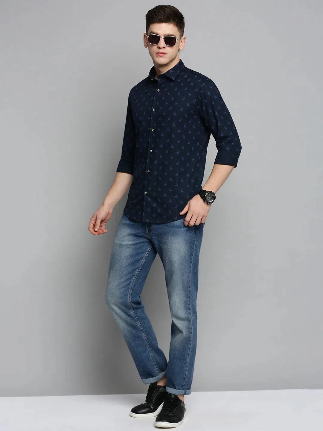 Men's Navy Printed Shirt - Stylish Cotton Casual Shirt