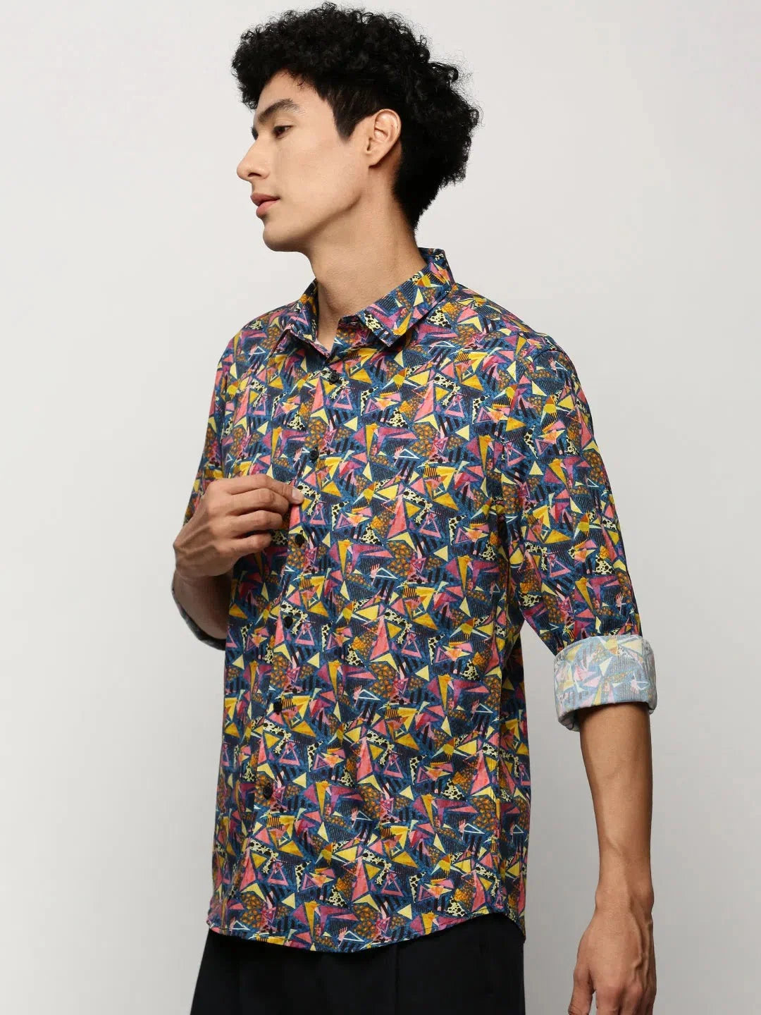 Navy Geometric Mens Shirt - Printed Cotton Shirt | DesiQlo