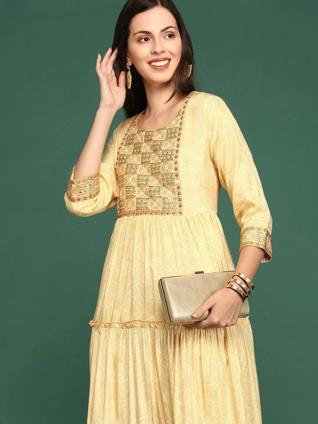 Yellow Printed Anarkali Kurti | Women's Polyester Anarkali Suit