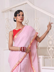 Pink Checkbox Designs Soft Linen Saree With Zari Borders-MA62LN33990025