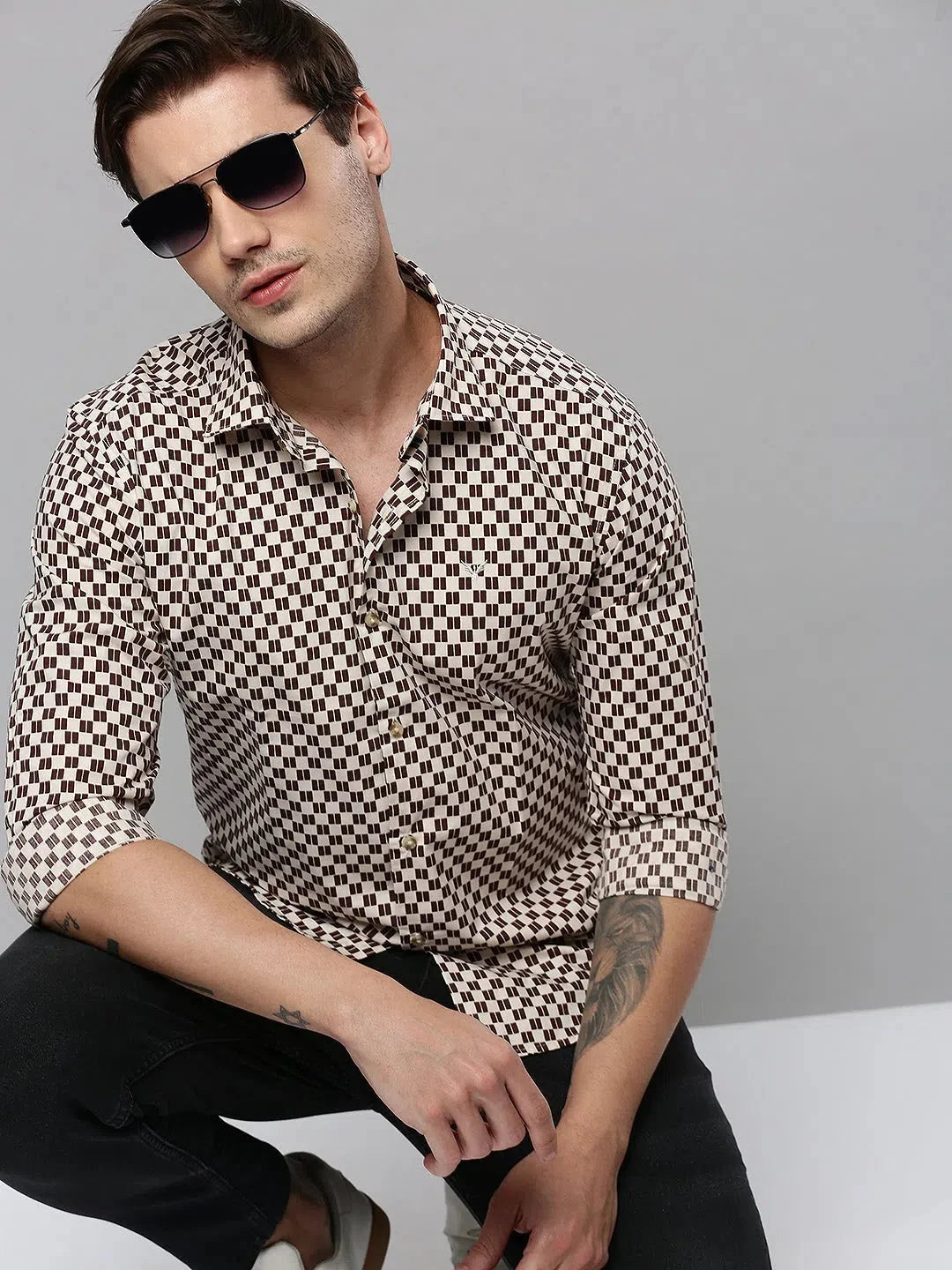 Beige Printed Mens Shirt - Casual Cotton Shirt | DesiQlo