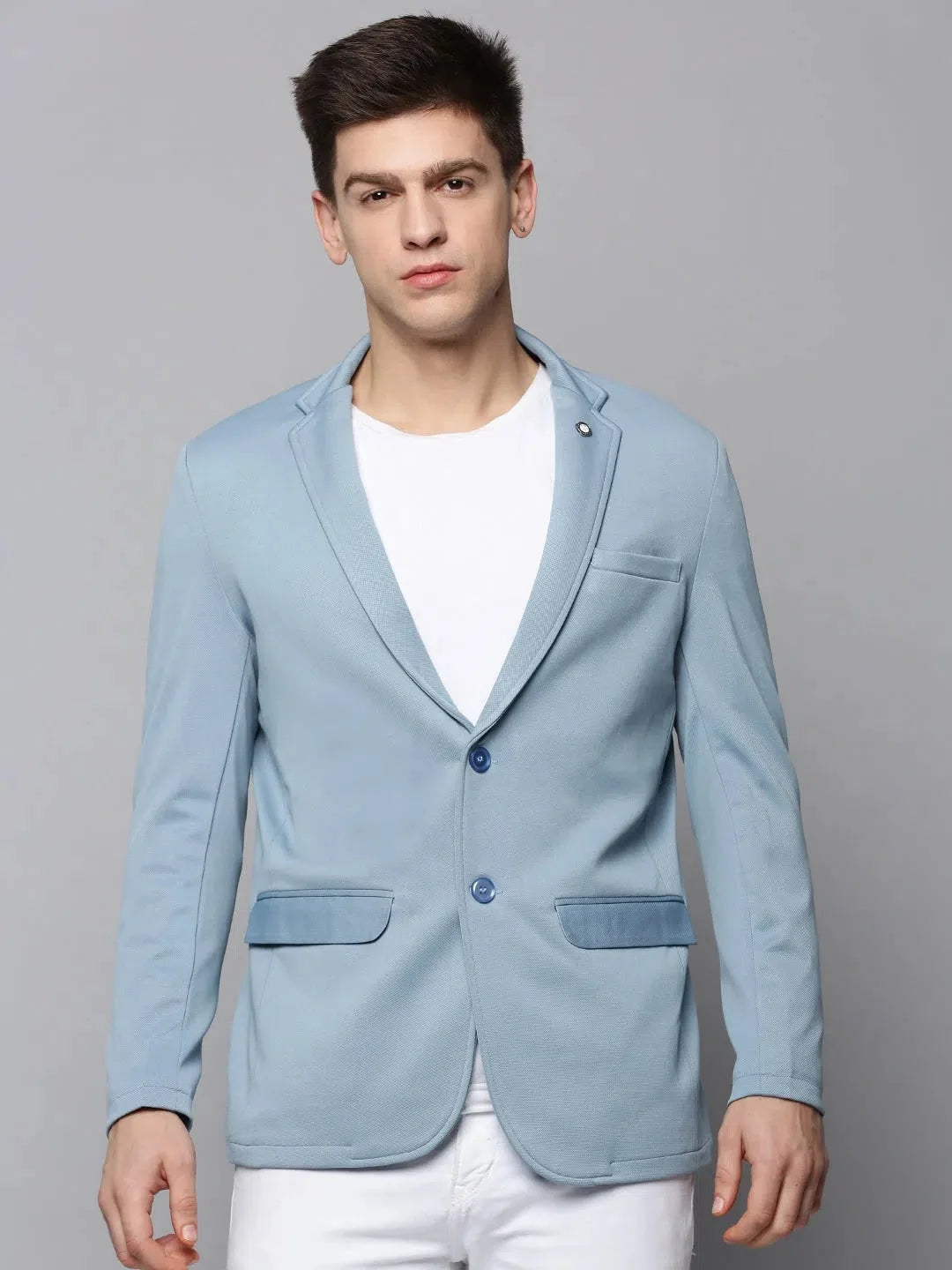 Blue Solid Cotton Blazer | Men's Ethnic Nehru Collar Jacket