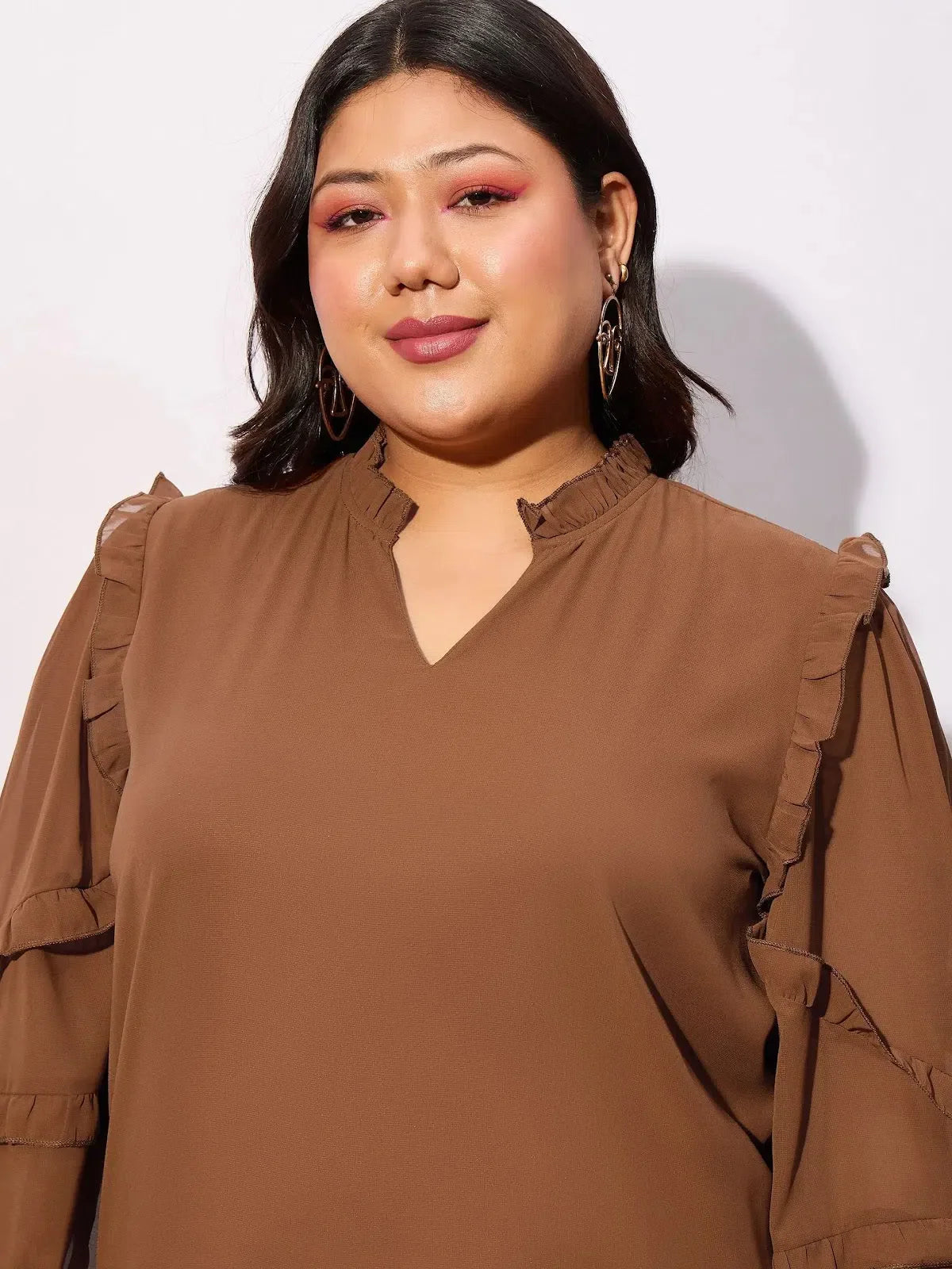 Brown Ruffle Sleeve Top | Women's Fashionable Georgette Tops