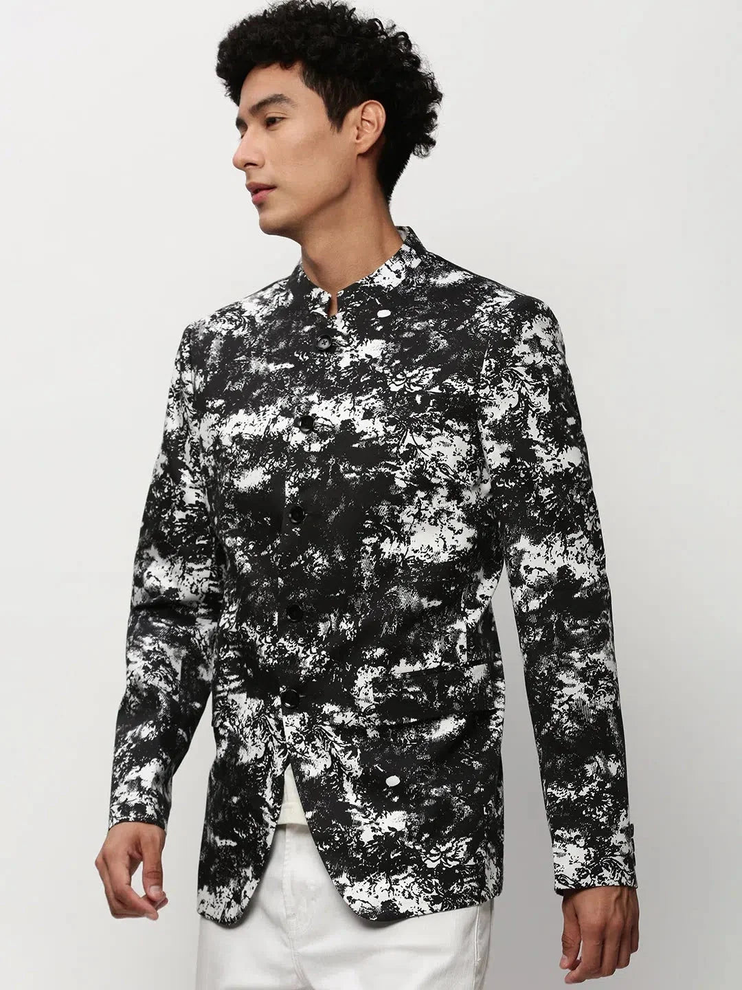 Men's Black Printed Casual Blazer | Ethnic Nehru Jacket Style