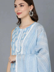 Women Blue Cotton Printed Straight Kurta Pant Set With Dupatta-VKSKD1454