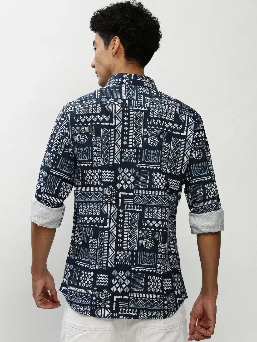 Men's Navy Geometric Cotton Shirt - DesiQlo Casual Shirts
