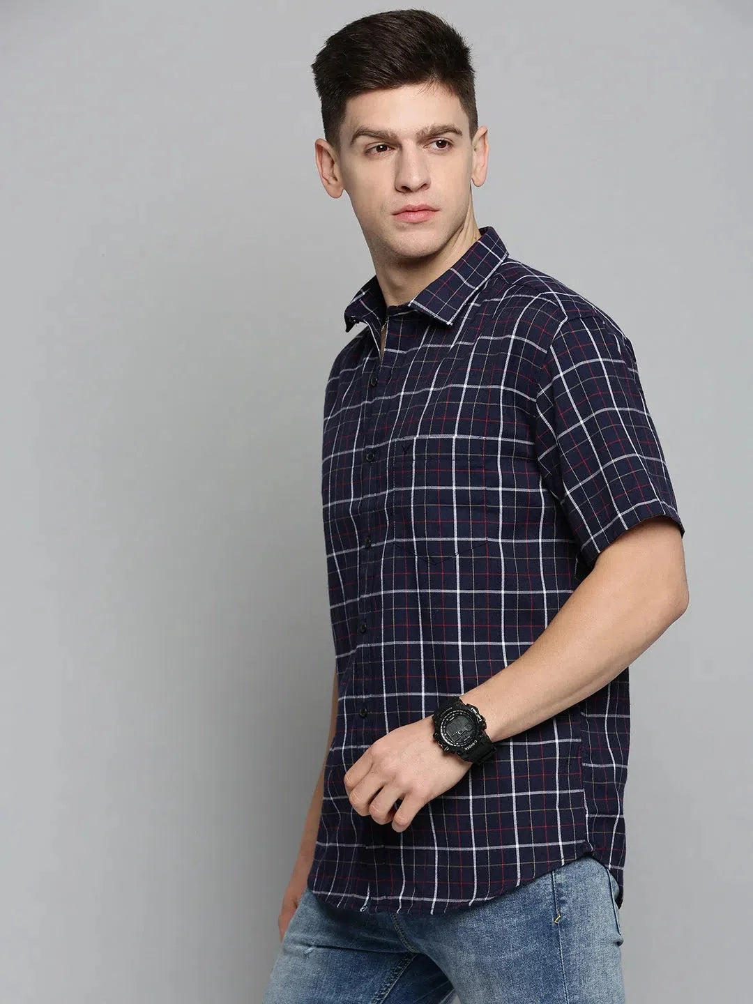 Navy Checked Mens Shirt - Cotton Casual Shirts | DesiQlo