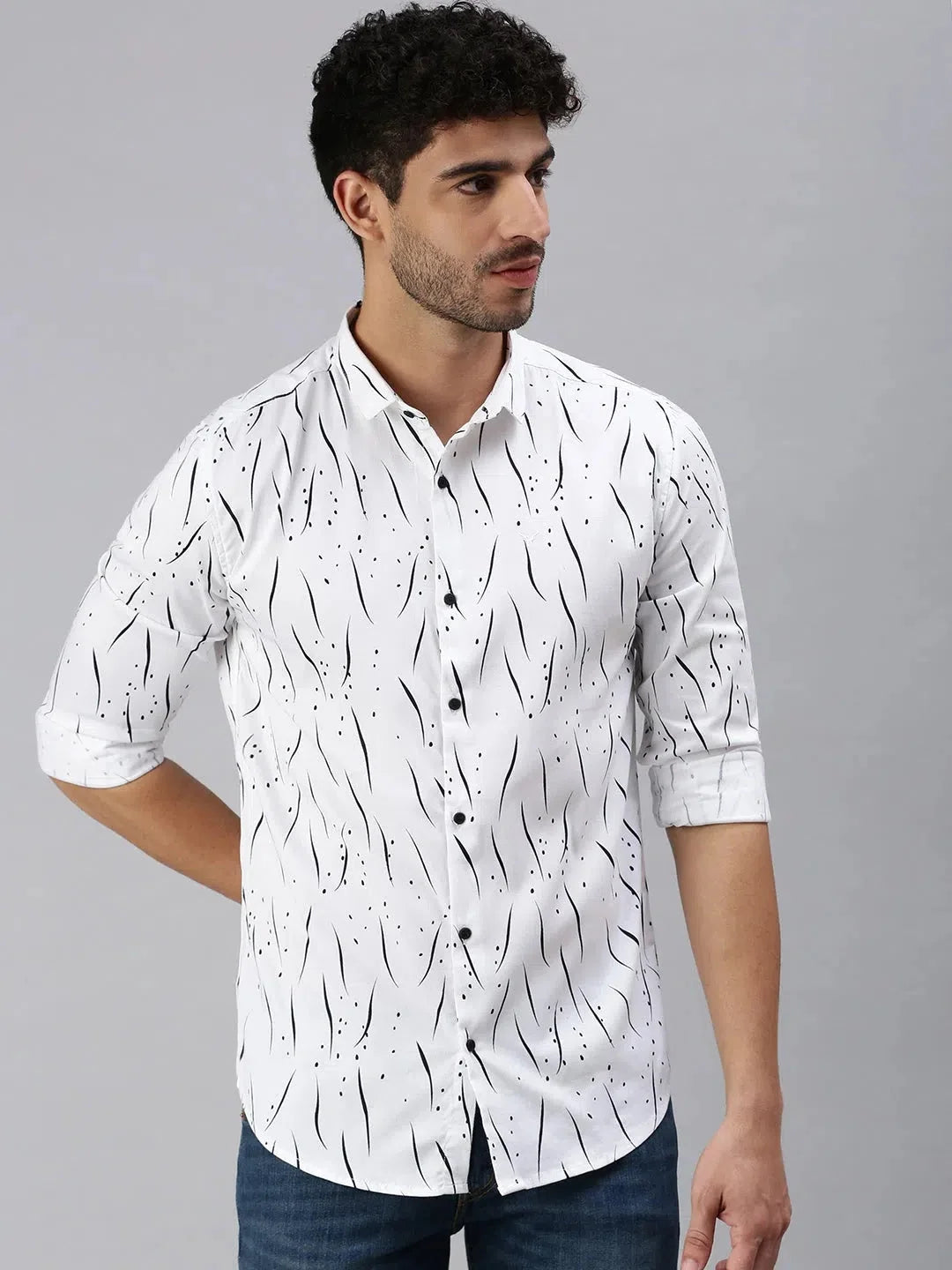 White Printed Cotton Shirt for Men | Casual Printed Mens Shirt