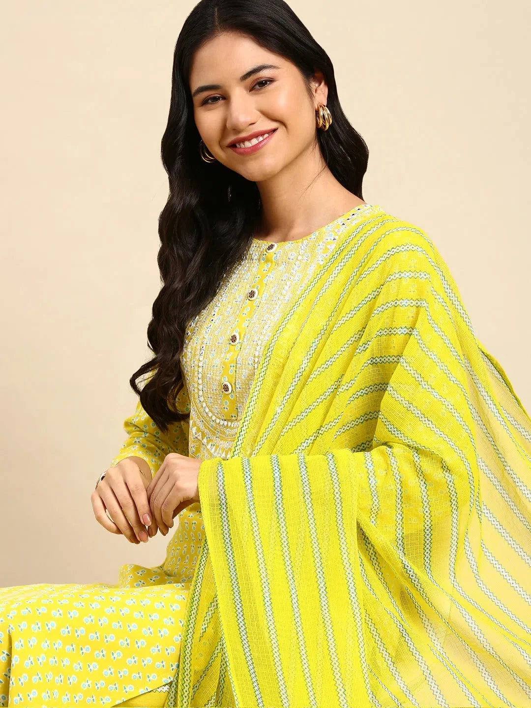 Lime Green Floral Women's Kurta Set | Cotton Kurta Sets