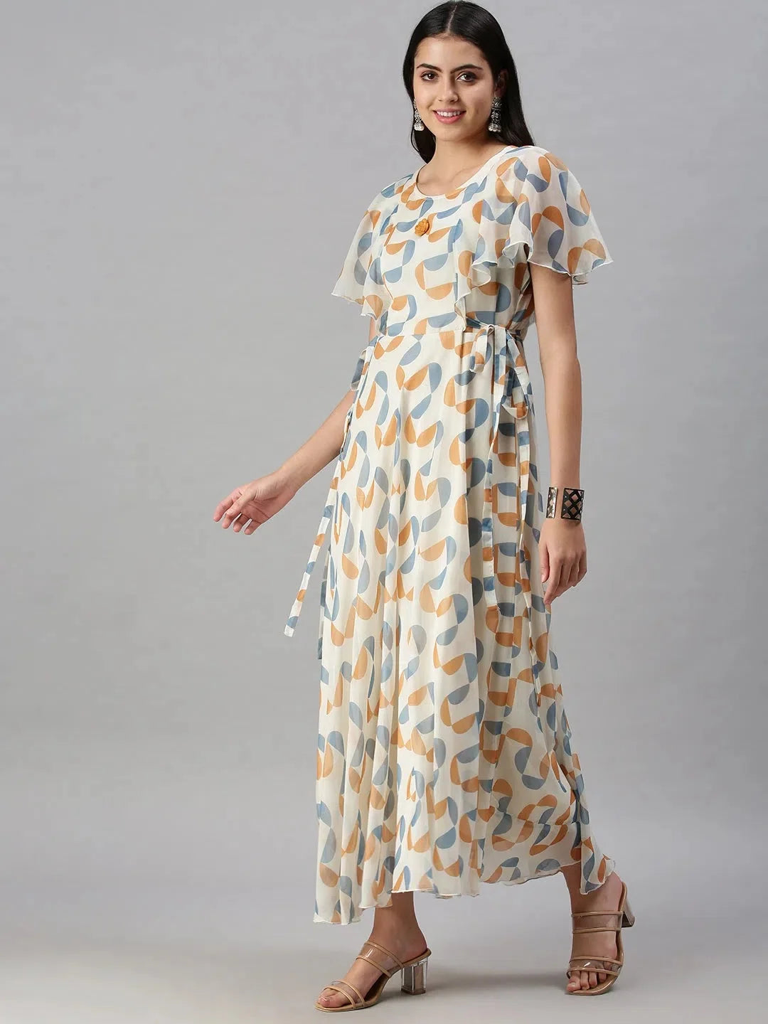 Cream Printed Anarkali Kurta for Women | Nylon Anarkali Gown