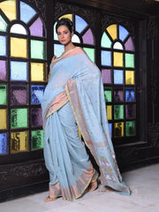 Sea Green Cotton Ikat Saree With Ganga Jamuna Border-MA66BCT431380077