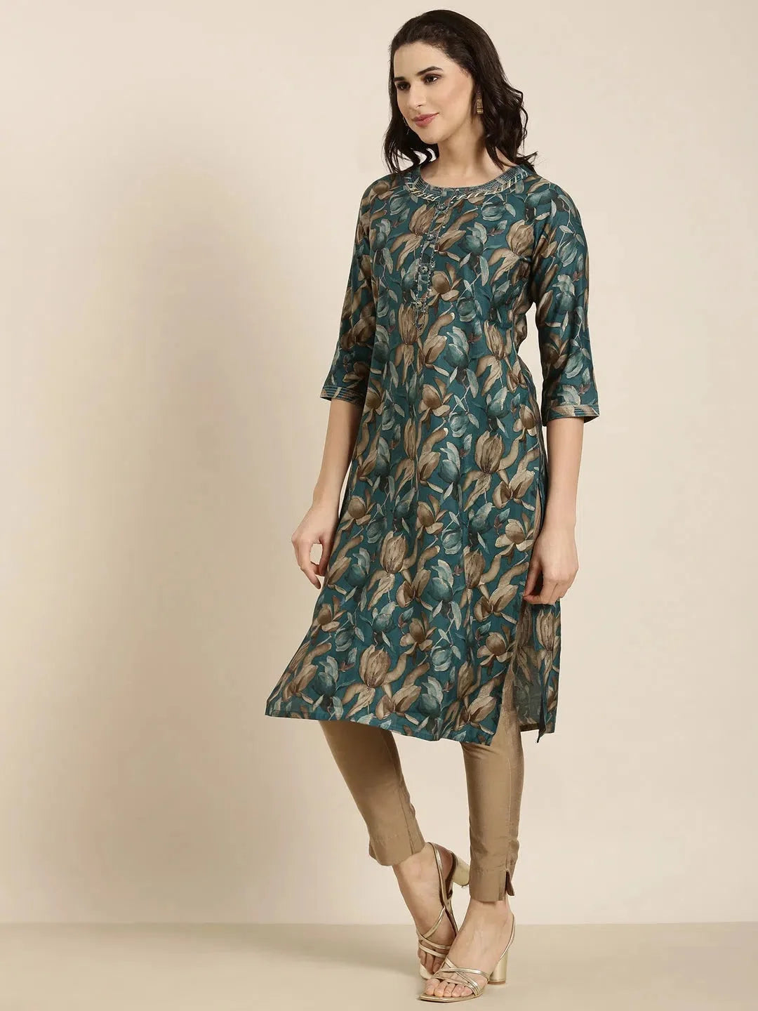 Teal Floral Print Indian Kurta - Women's Cotton Kurta