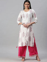 Women's White & Pink Printed Kurta SetsG04-White-Pink