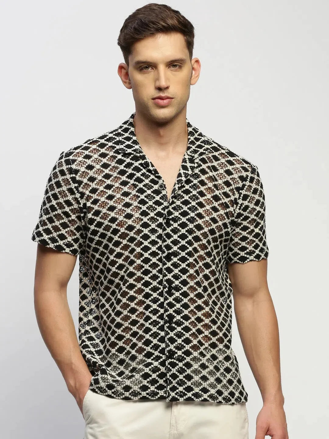 Men's Cream Geometric Shirt - Stylish Cotton Shirt | DesiQlo