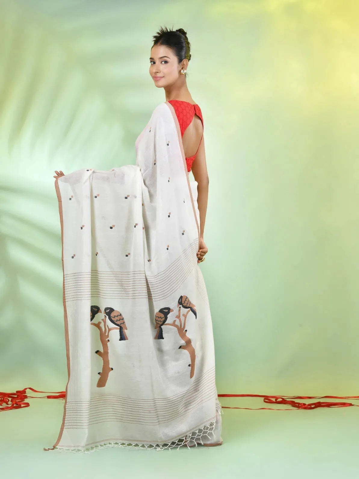 Off White Cotton Saree - Handwoven Bird Motifs | Indian Sarees