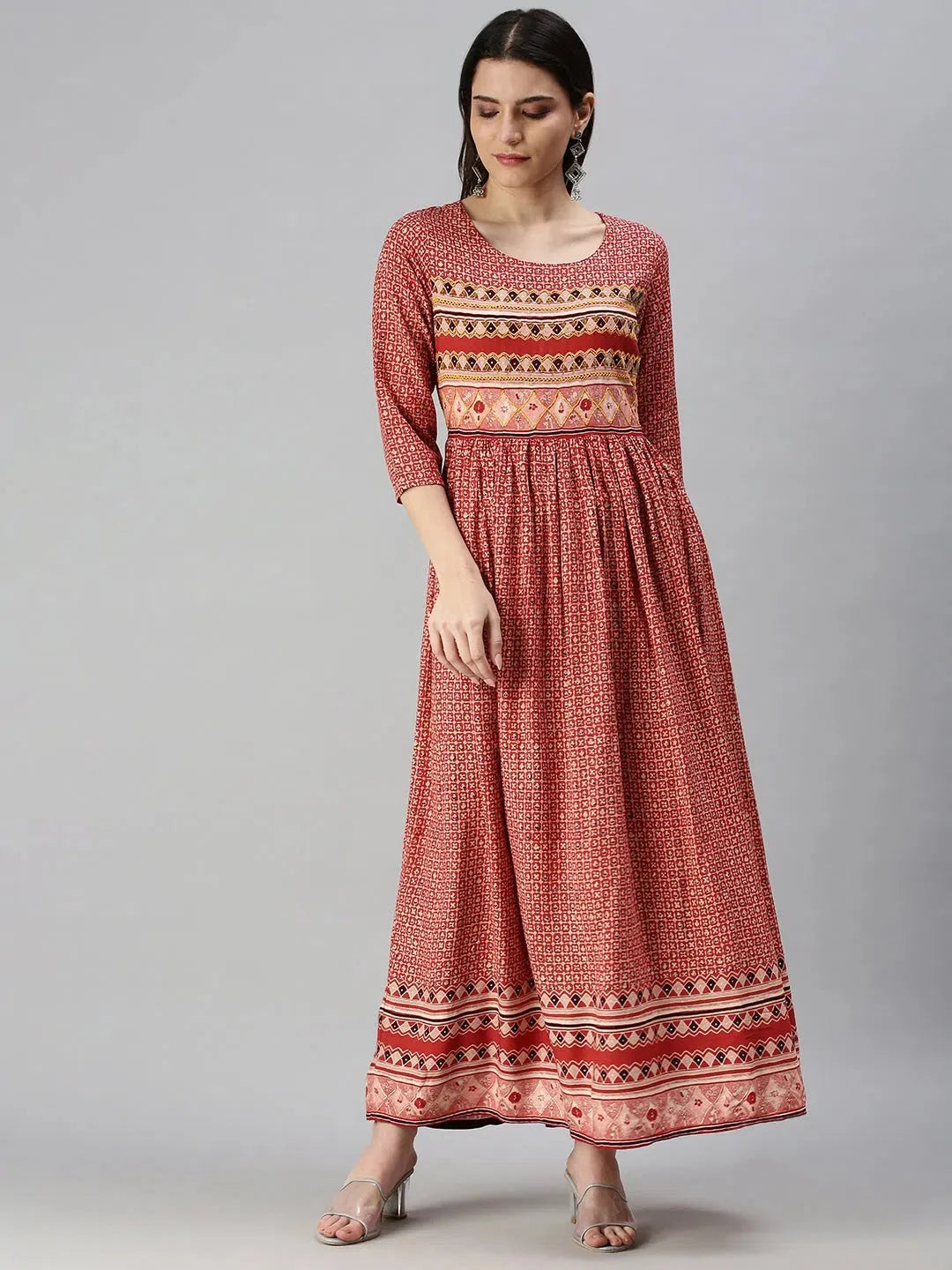 Red Printed Anarkali Kurta for Women | Cotton Anarkali Dress
