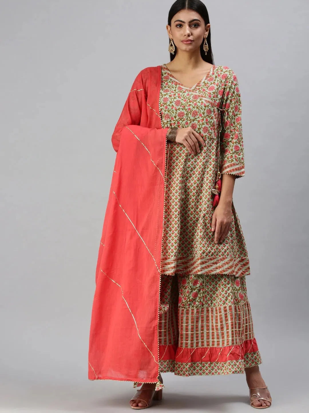 Green & Pink Printed Kurta Set | Women's Indian Cotton Sets