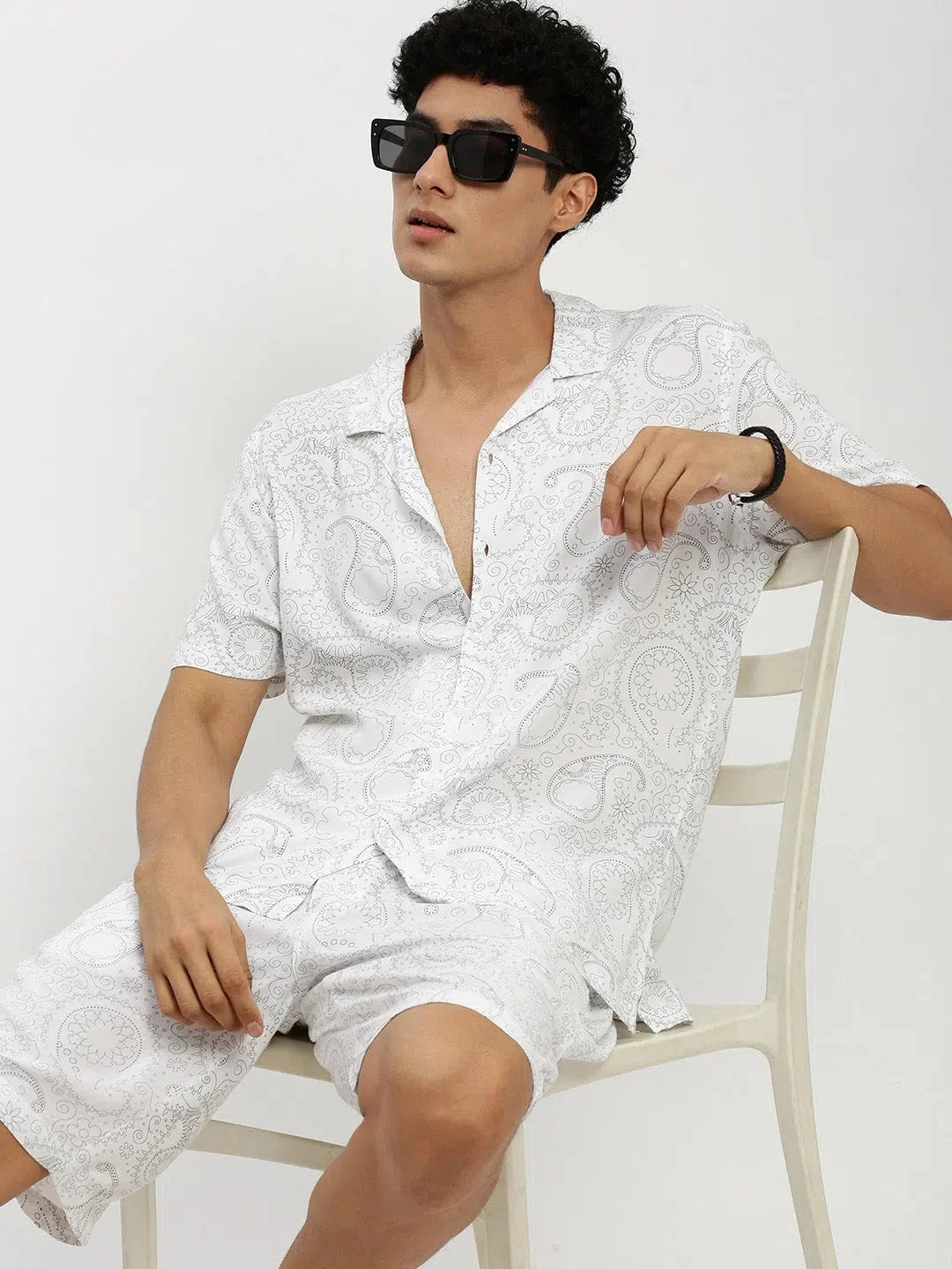 White Printed Mens Co ord Sets | Cotton Two Piece Sets