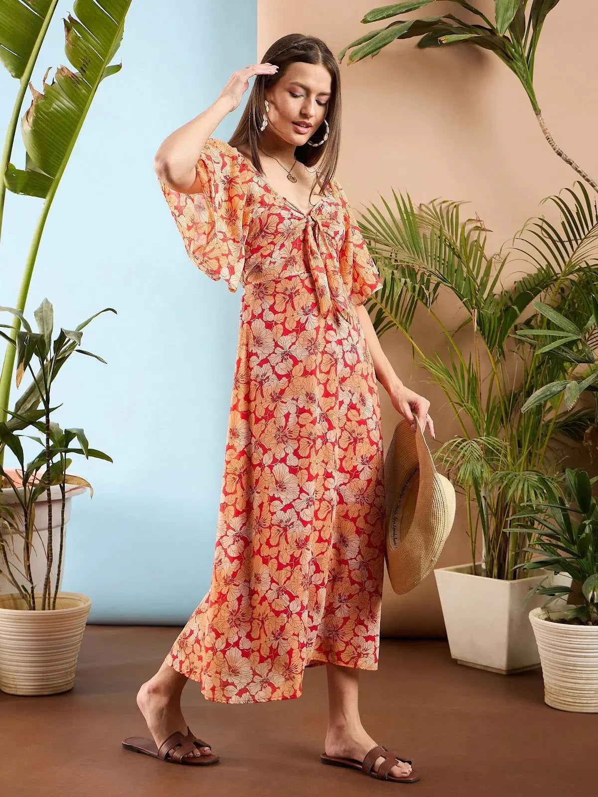 Red Floral Midi Dress | Women's Front Tie Fit & Flare