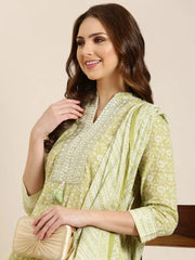 Women Lime Green Floral Straight Kurta Set-BCK-1536-Limegreen