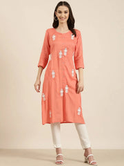 Women Coral Floral A-Line Kurta-NJ-3502410-Coral