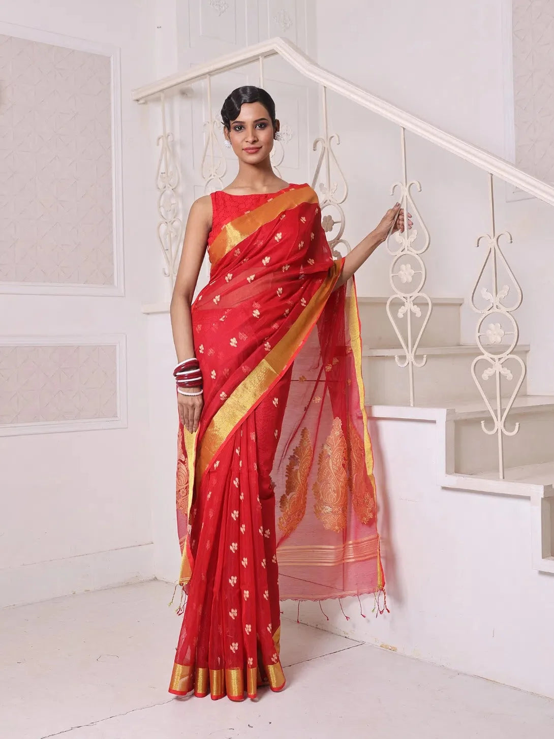 Red Cotton Saree with Zari - Indian Sarees Online