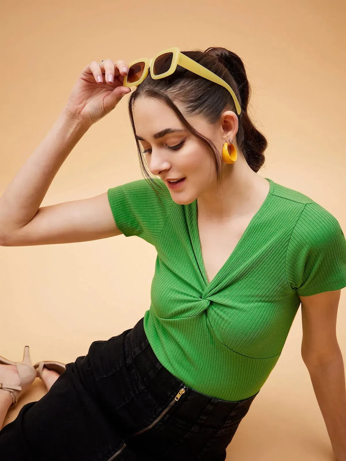 Green Rib Twisted Neck Top | Women's Western Wear Green Top