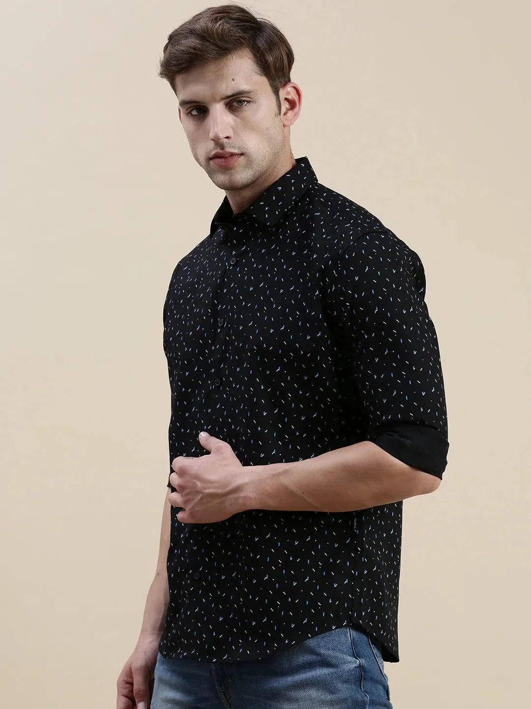 Black Geometric Cotton Mens Shirt | Casual Printed Shirt