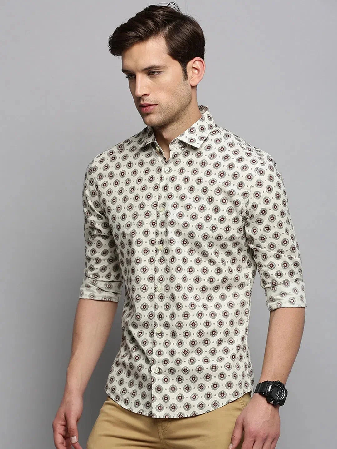 Cream Printed Mens Shirt | Cotton Casual Shirt | DesiQlo