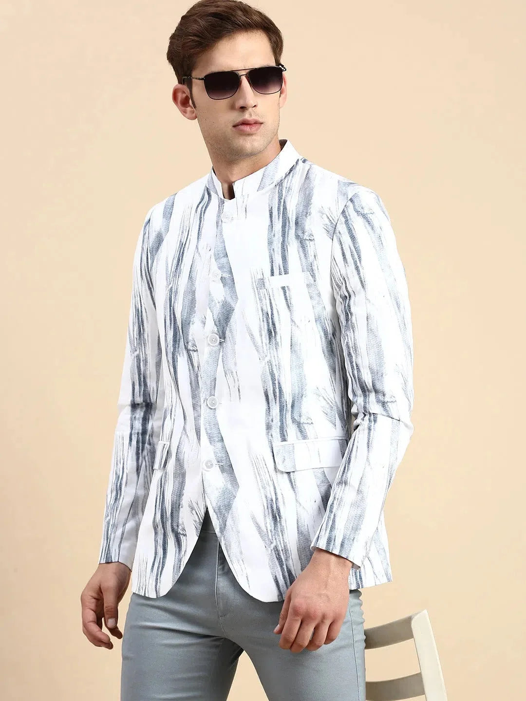 White Printed Party Blazer for Men | Ethnic Nehru Jacket Style