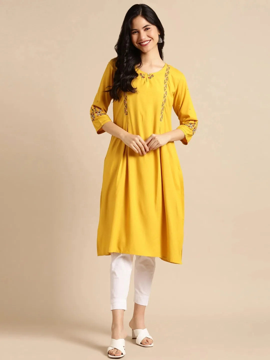 Yellow Embroidered Kurta: Stylish Indian Kurta for Women