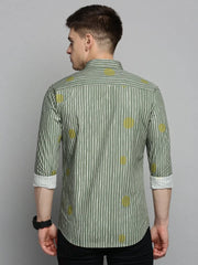 Men Green Striped Casual Shirt-BENTONPRINT-4018-Olive