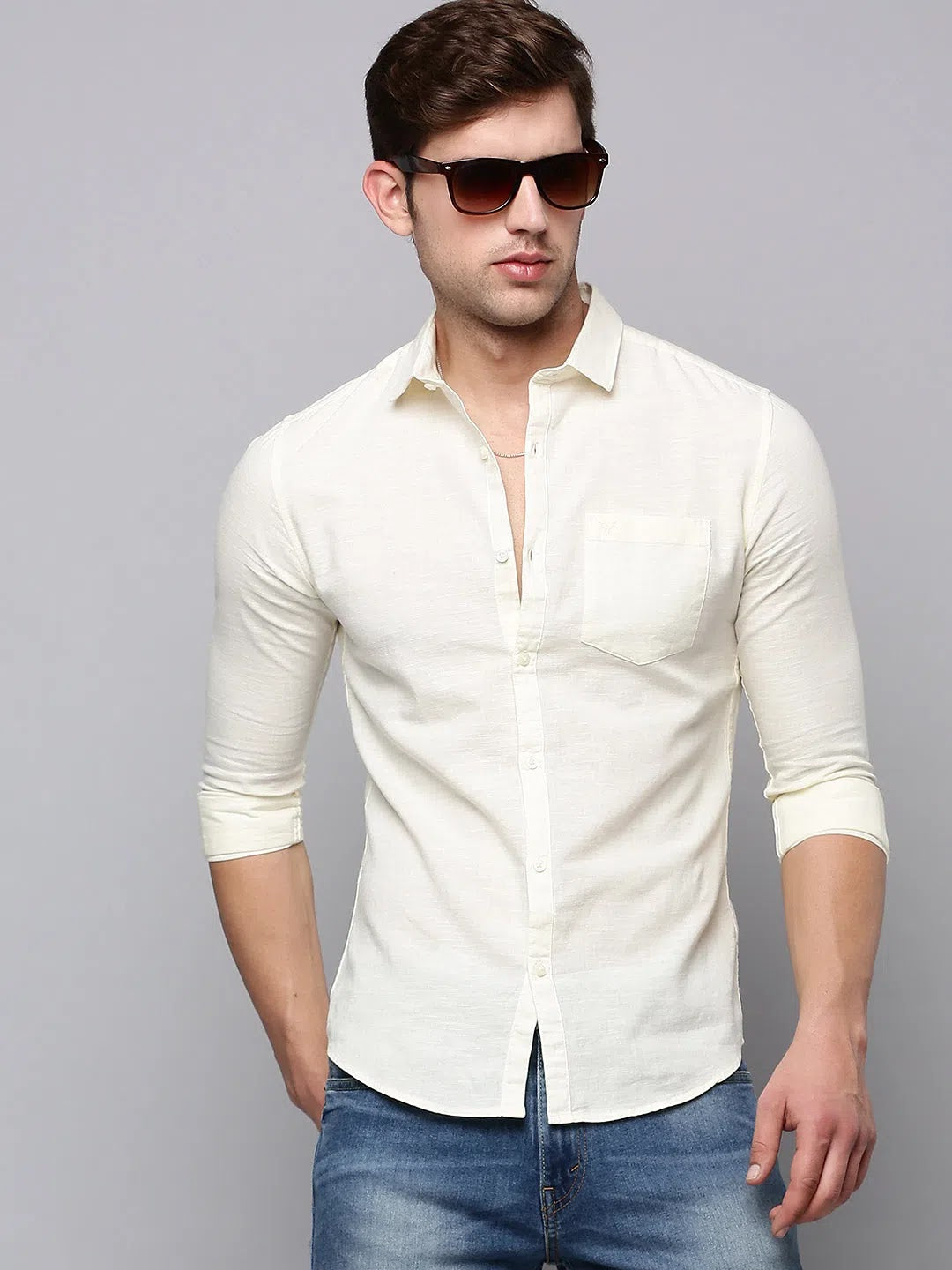 Cream Solid Mens Shirt - Casual Cotton Shirt | DesiQlo