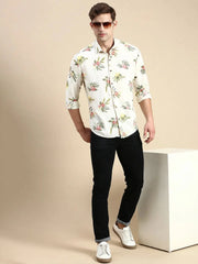 Men Cream Printed Casual Shirt-GURJANPRINT-5409-Cream