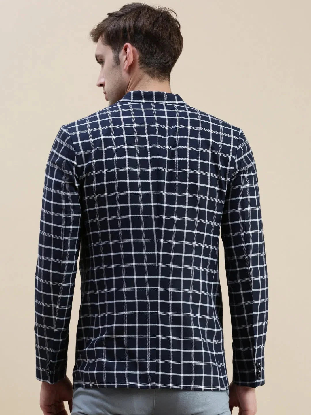 Navy Checked Cotton Blazer - Men's Ethnic Wear from DesiQlo