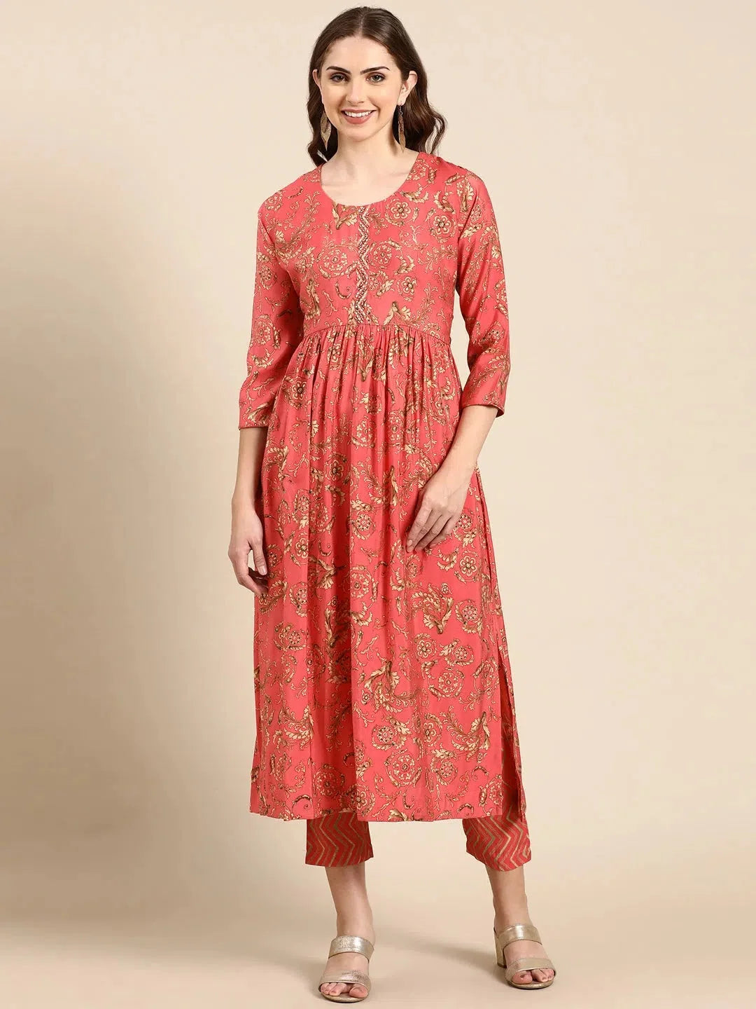 Coral Ethnic Motifs Women's Kurta Set | Designer Kurta Sets