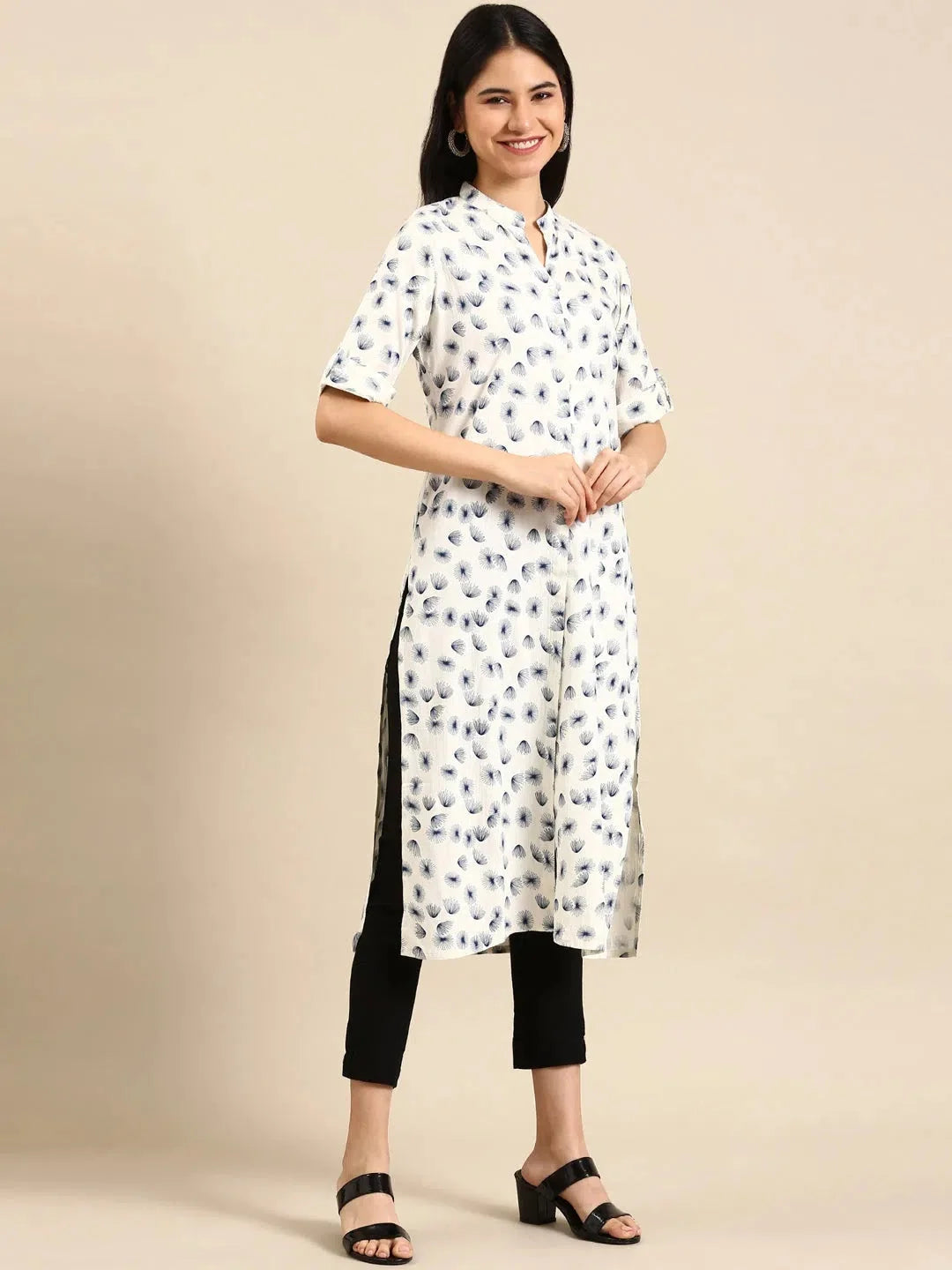 White Printed Kurta: Viscose Indian Kurtas for Women