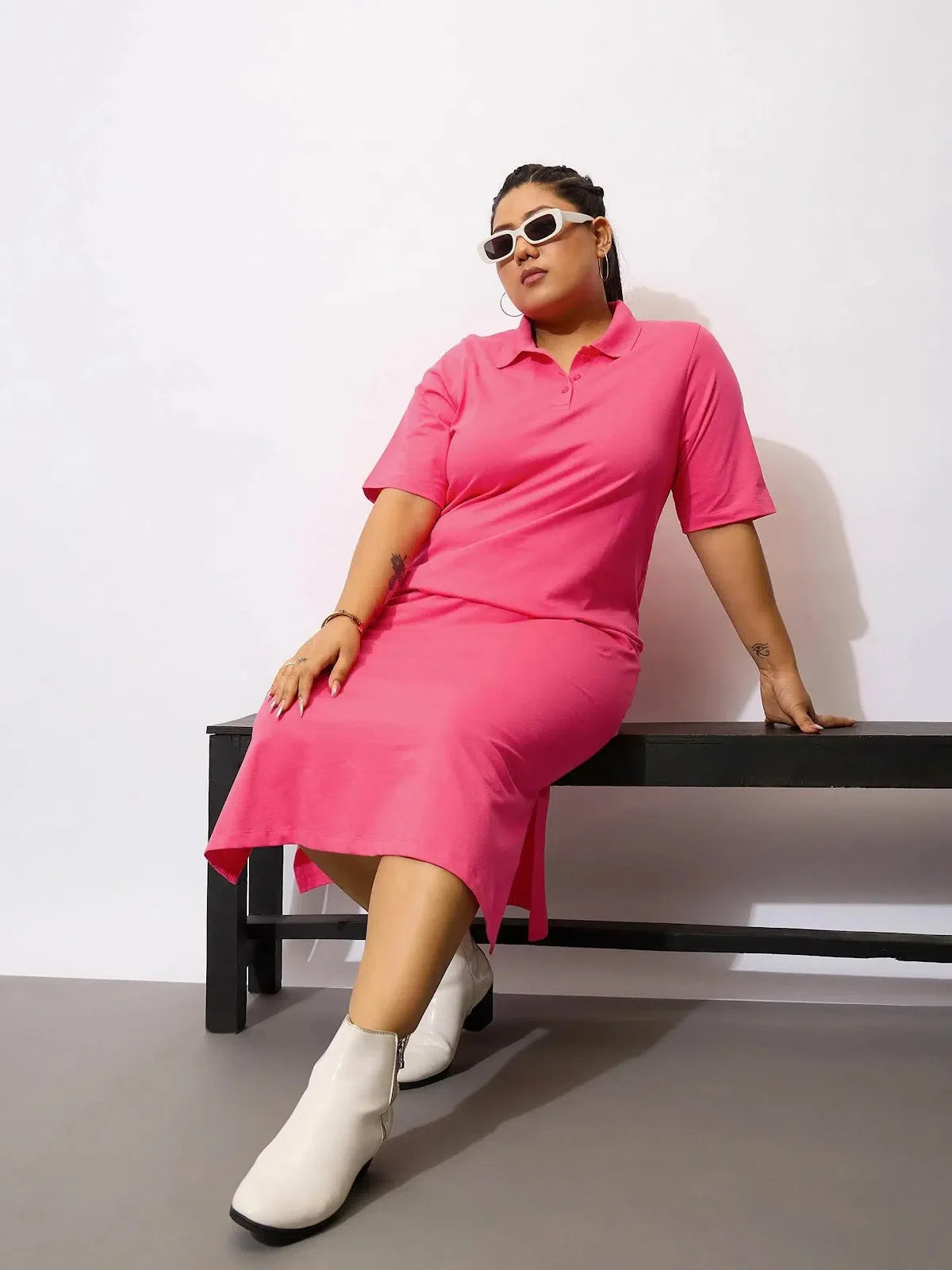 Fuchsia Polo Neck T-Shirt Dress - Cotton Midi Length Dress