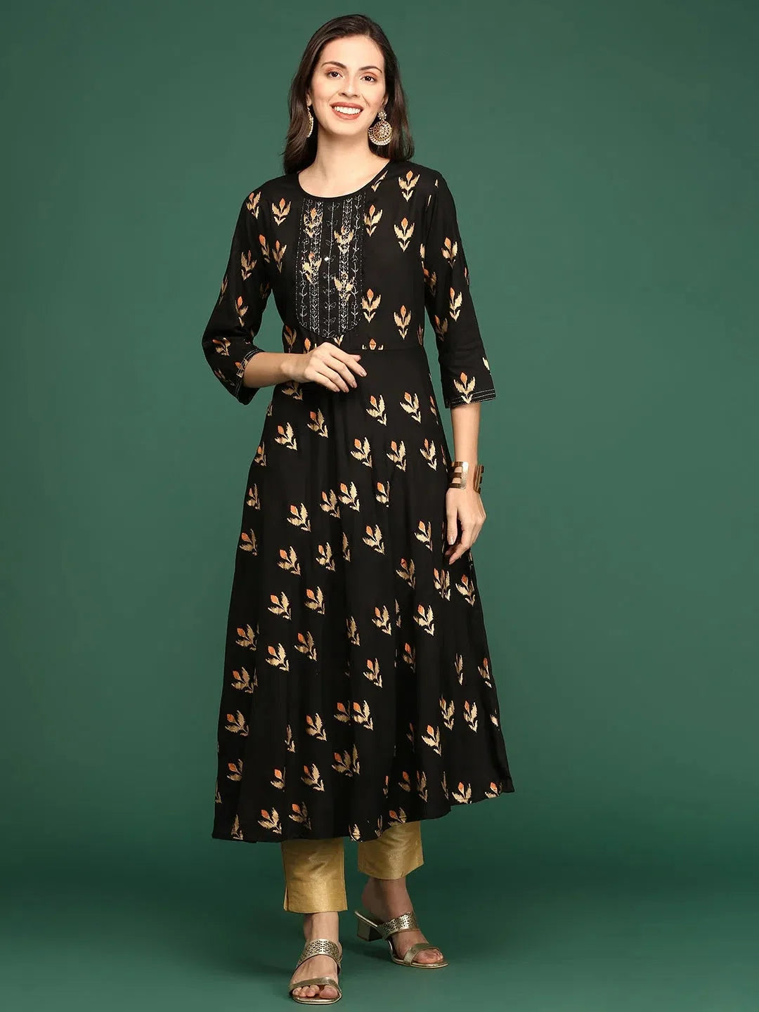 Coffee Brown Printed Cotton A-Line Indian Kurtis for Ladies