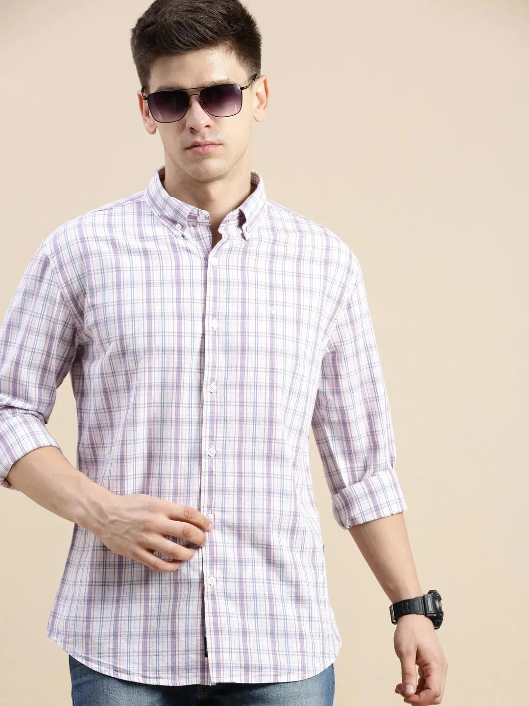 Men's Cream Checked Cotton Shirt - Casual Mens Shirt