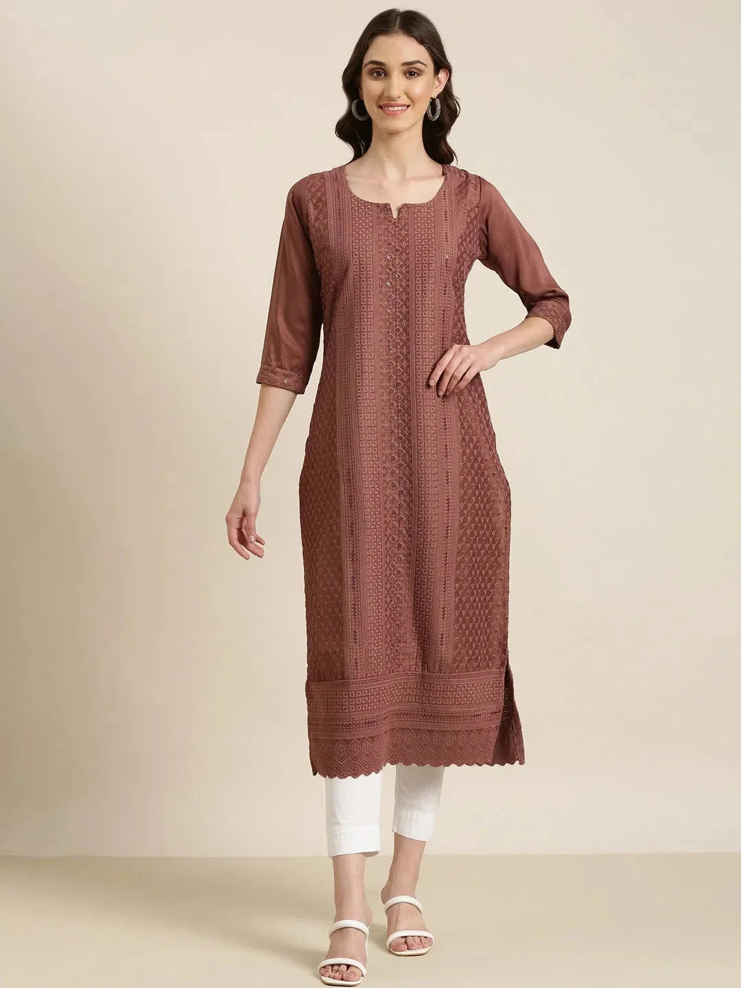 Brown Embellished Cotton Kurtas - Indian Kurta for Women