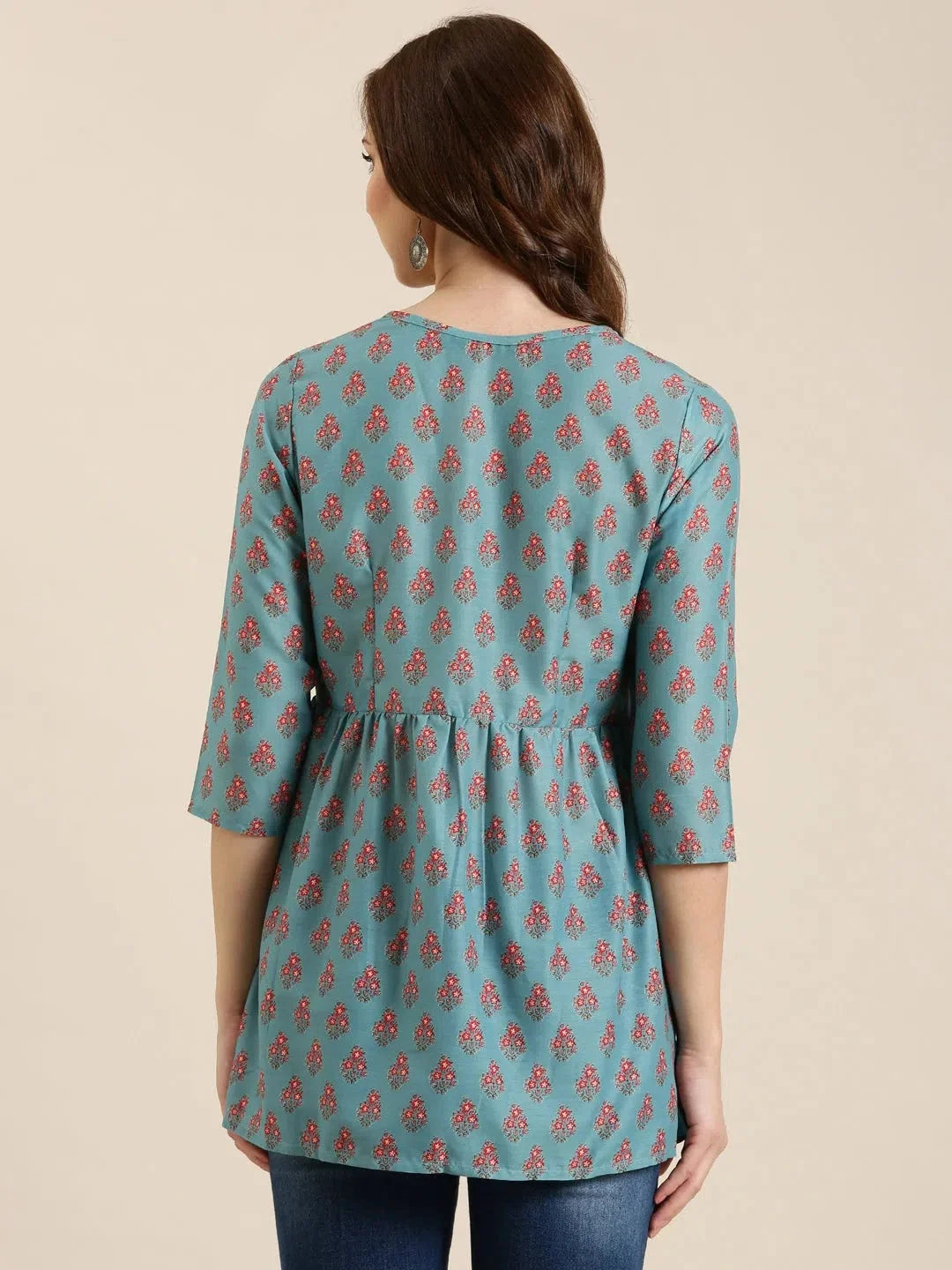 Teal Floral Kurti: Women's A-Line Indian Kurta Tunic Top
