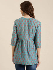 Women Teal Floral A-Line Kurti-DW-8745-Teal