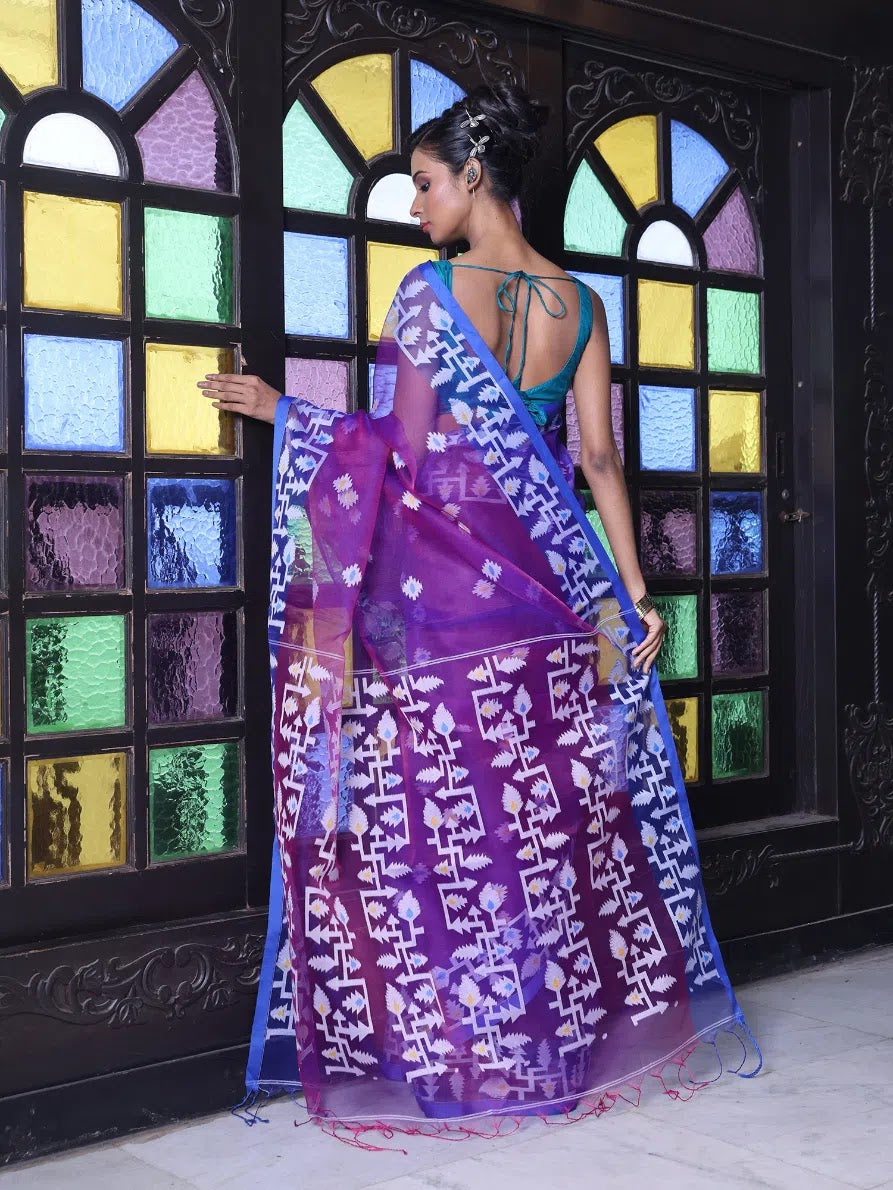 Violet Linen Muslin Saree | Indian Sari & Jamdani Design