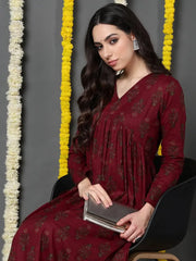 Women Maroon Cotton Printed Anarkali Kurta Pant Set-VKSET1504