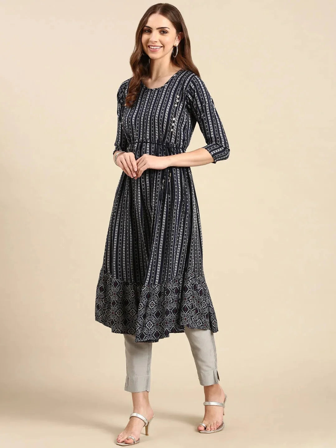 Navy Blue Printed Anarkali Kurta | Women's Anarkali Kurti
