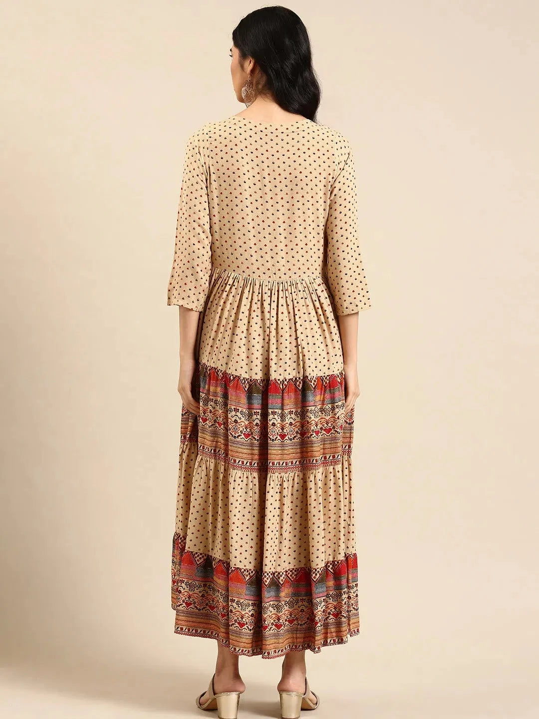 Beige Embellished Cotton Anarkali Kurti | DesiQlo